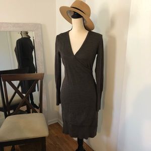 🧺 Loft Merino Wool Blend Faux Wrap Sweater Dress in Brown, Fall Wardrobe Staple